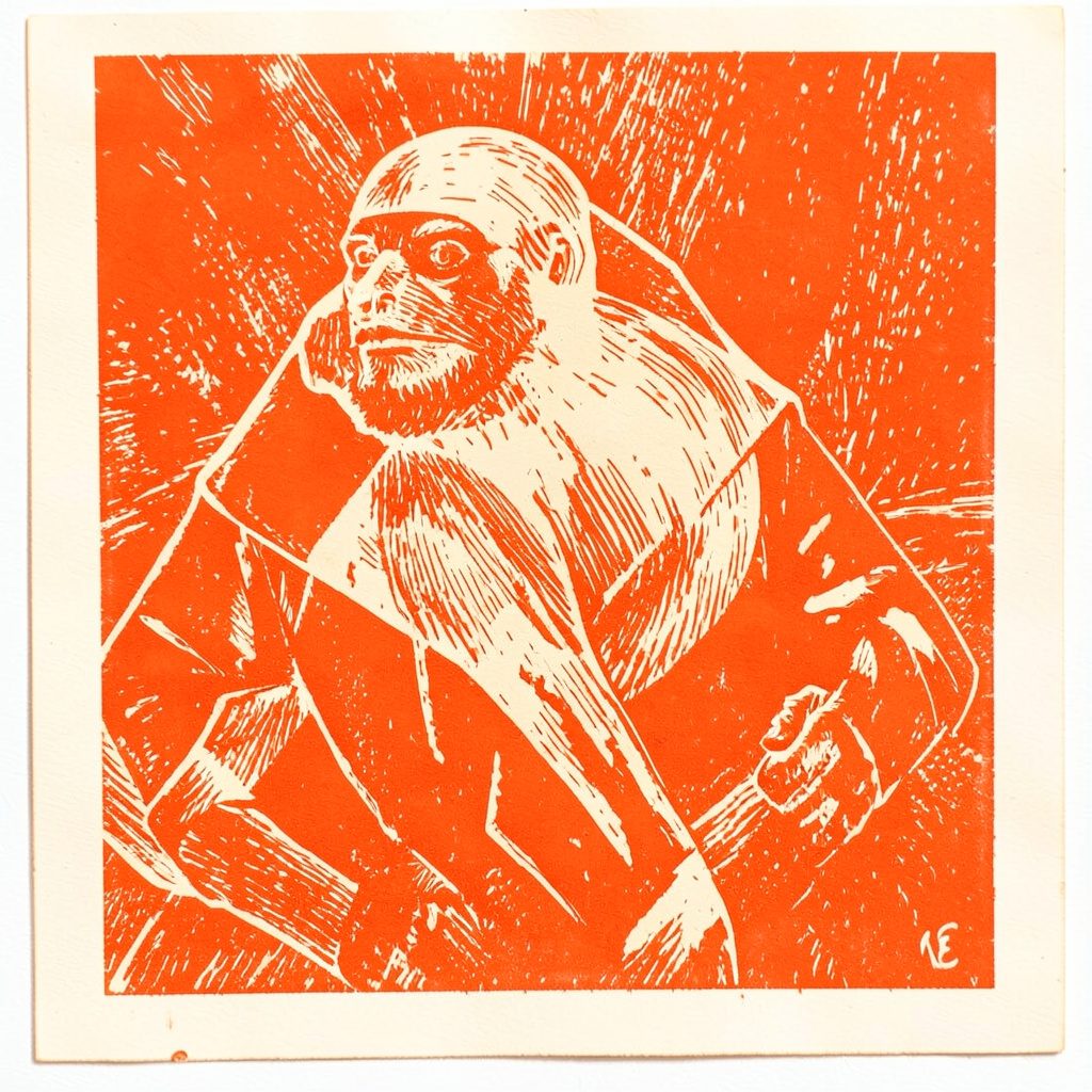 Carved linocut relief of a smartphone resting on a navy surface, with golden-yellow card shapes on the screen, suggesting mobile poker play.