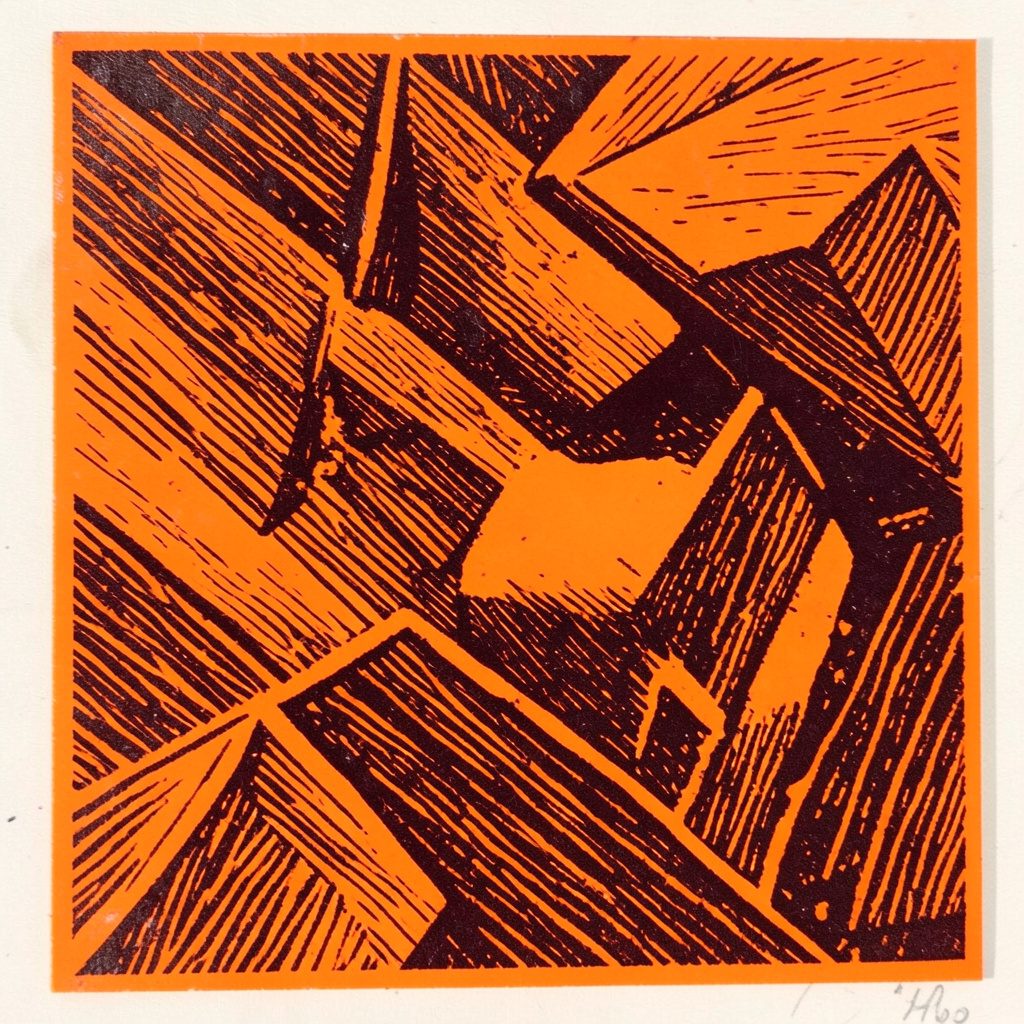 A carved linocut relief print of a Dota 2 minimap overlaid with strategic arrow markings, using teal, burnt orange, and slate gray tones against a dark background.