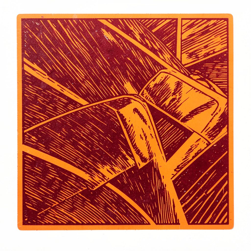 A linocut print of a tennis racket crossing a net under stadium lights, carved in bold black strokes with warm amber highlights on cream stock.